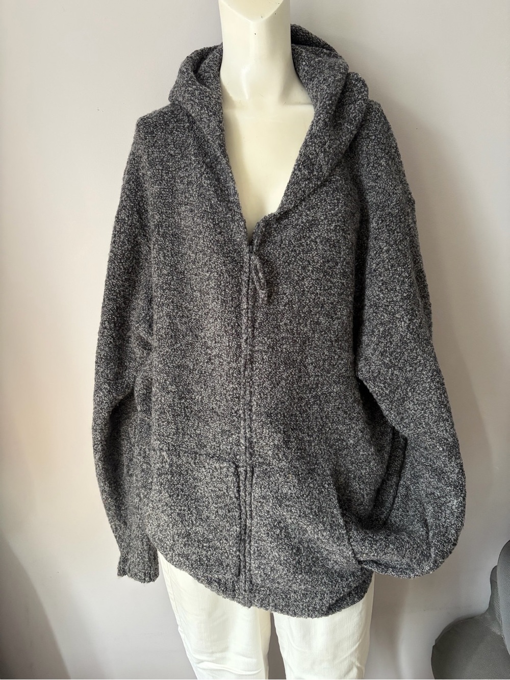 Eileen Fisher Merino Wool Cashmere Tweede Zip Up Hoodie Cardigan
